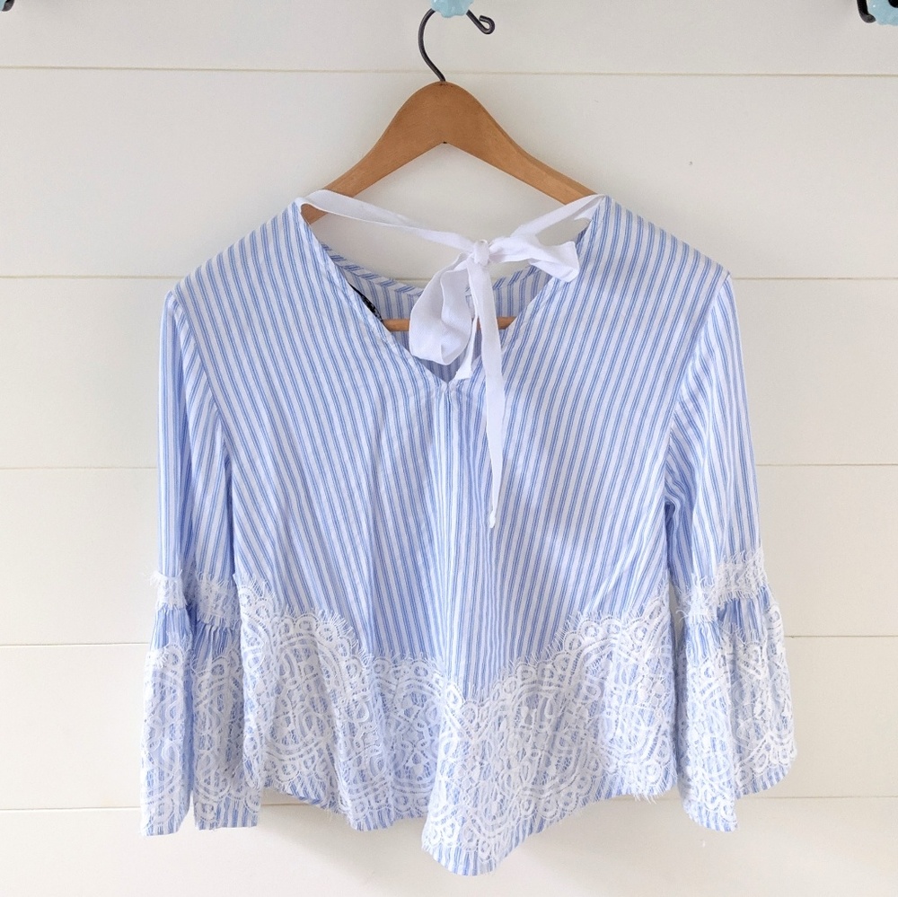 Zara Woman Blue Stripe Lace Bell Sleeve Blouse - Picture 5 of 7